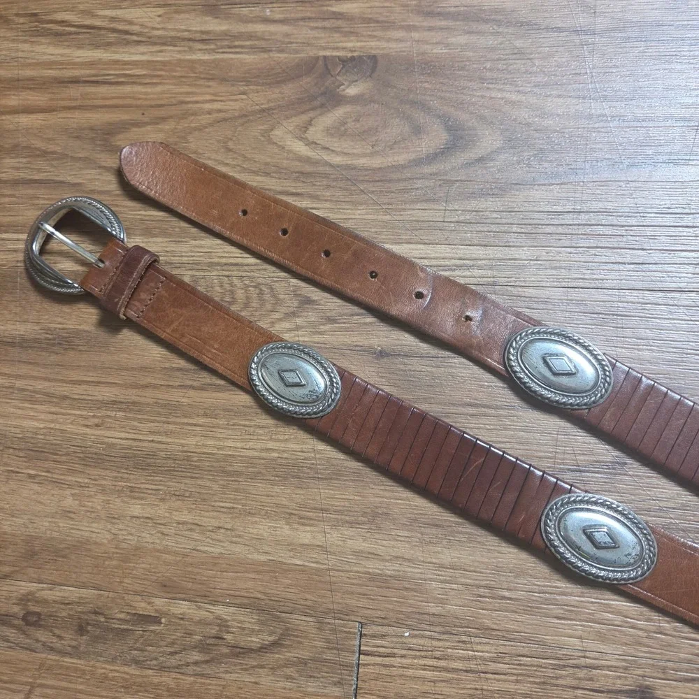 Vintage Brown Leather Western Concho Belt 30 Silver Tone Buckle Festival Boho
